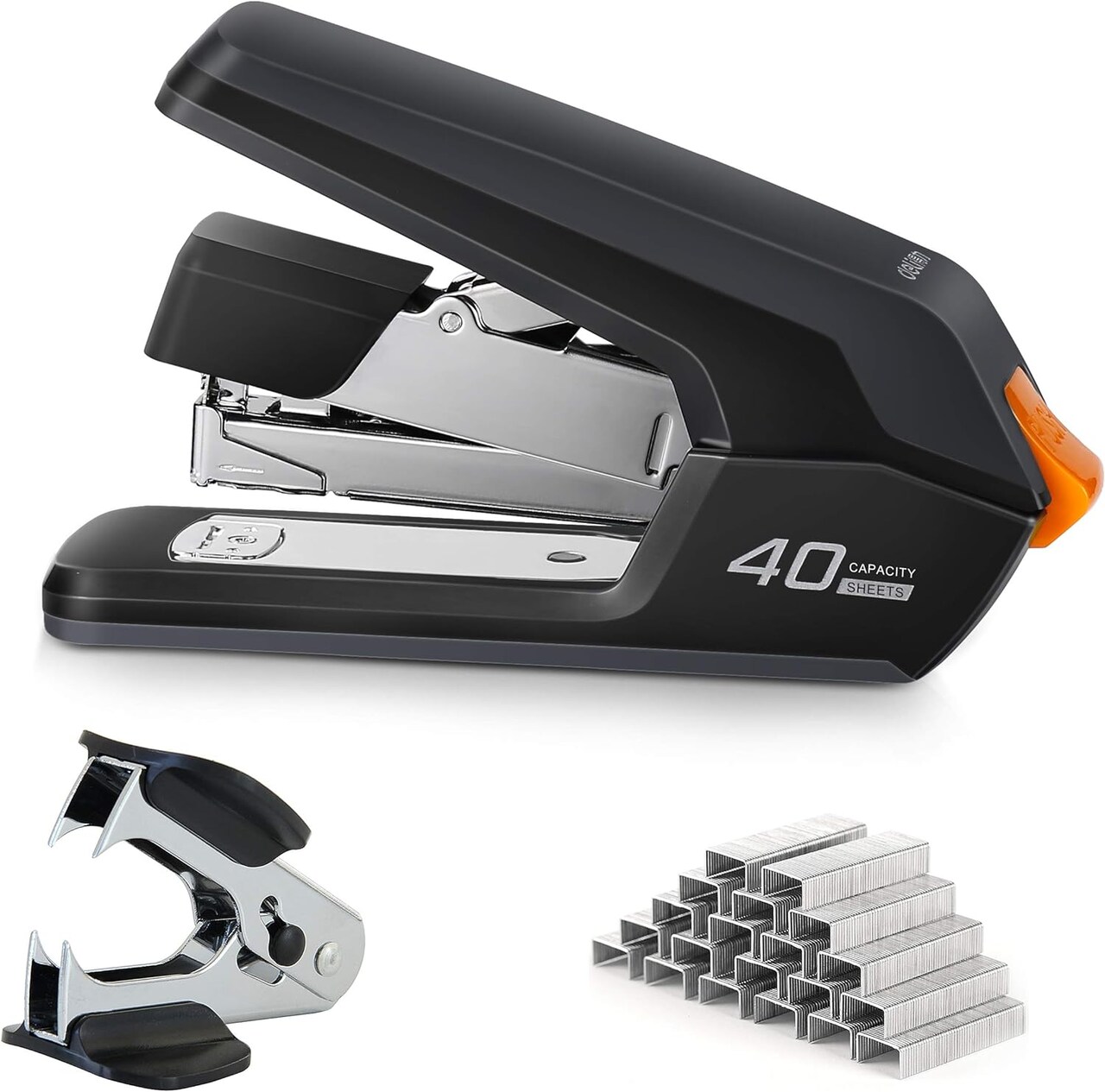 Effortless Desktop Stapler, 40 Sheet Capacity, One Finger Touch Stapling, Easy to Load Ergonomic Heavy Duty Stapler, Includes 1500 Staples and Staple Remover